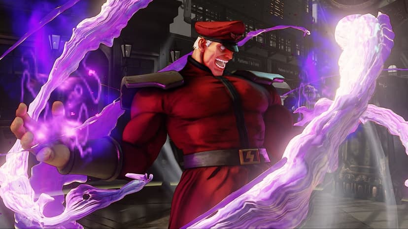 M. Bison in a red military uniform wields purple Psycho Power energy with a menacing grin on his face.