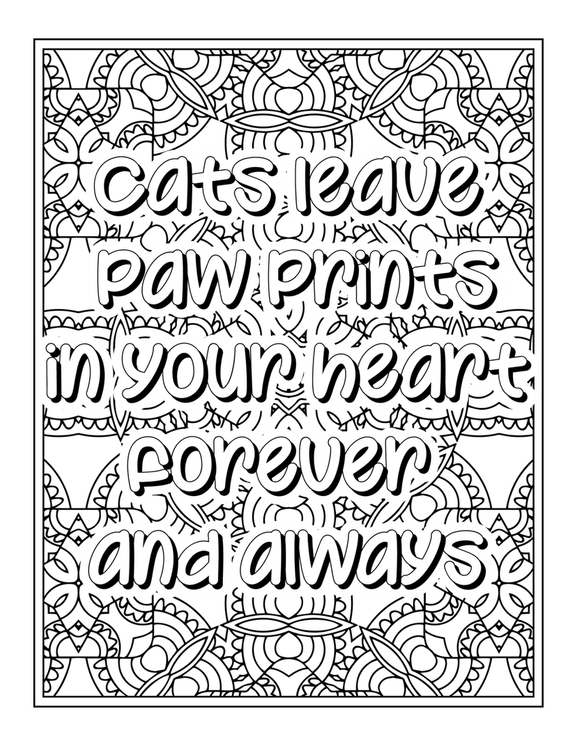 Cat memorial typography quote in white stylized font featuring drop shadows against a dark black background.