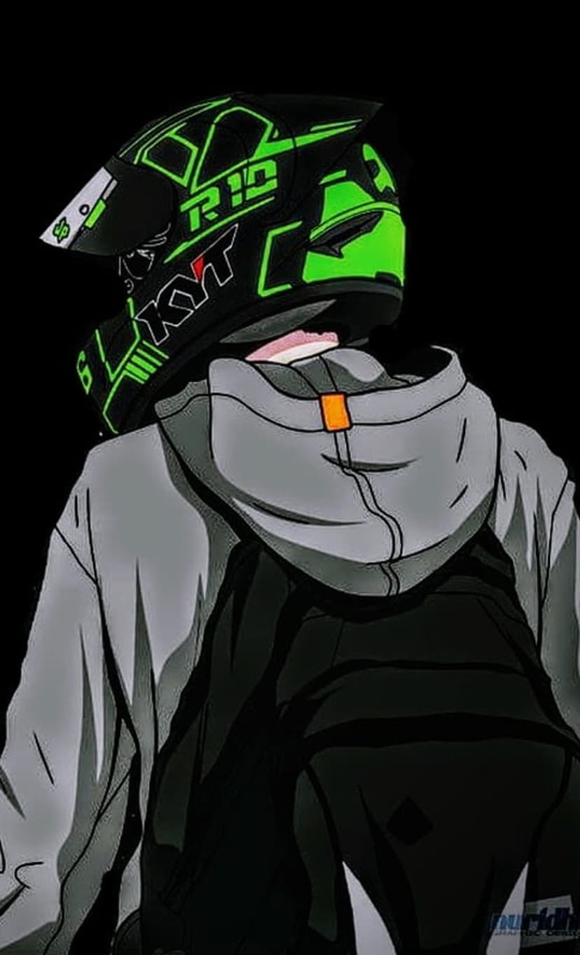 Biker from behind wearing a neon green Kyt helmet, grey hoodie, and black backpack on a dark backdrop.