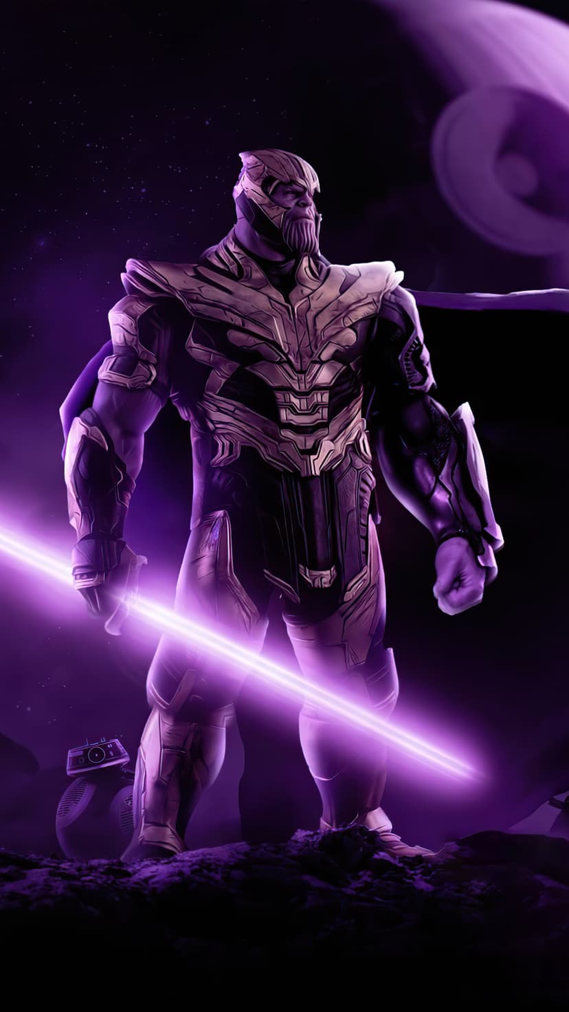 Thanos stands on a rocky alien moon holding a glowing violet energy blade under a dark purple starry sky.