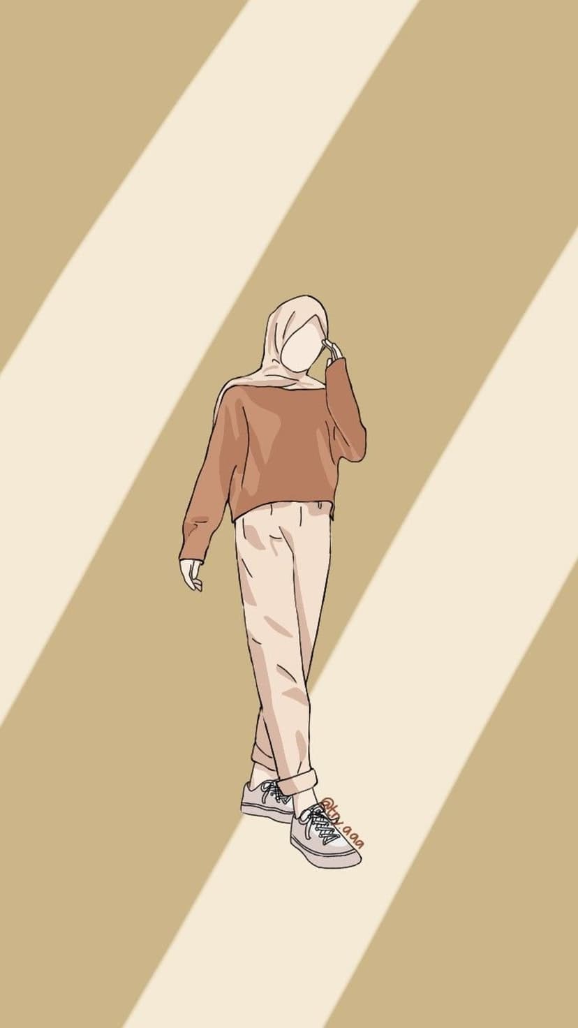 Muslim woman wearing a brown sweater, beige pants, and hijab stands before abstract warm light beams and shadows.