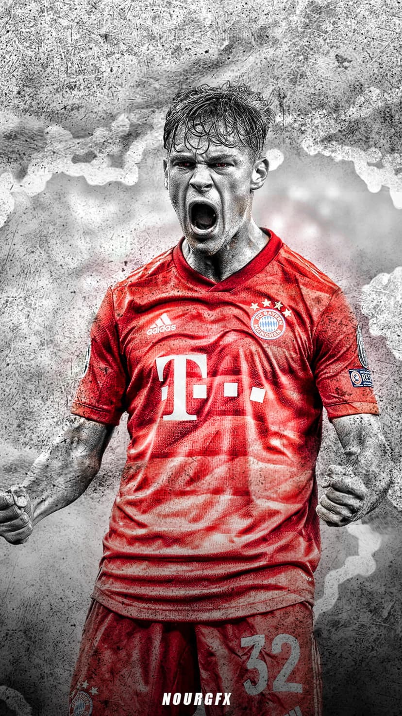 Bayern Munich player in a red jersey roars with passion against a textured, dark, and graphic background.