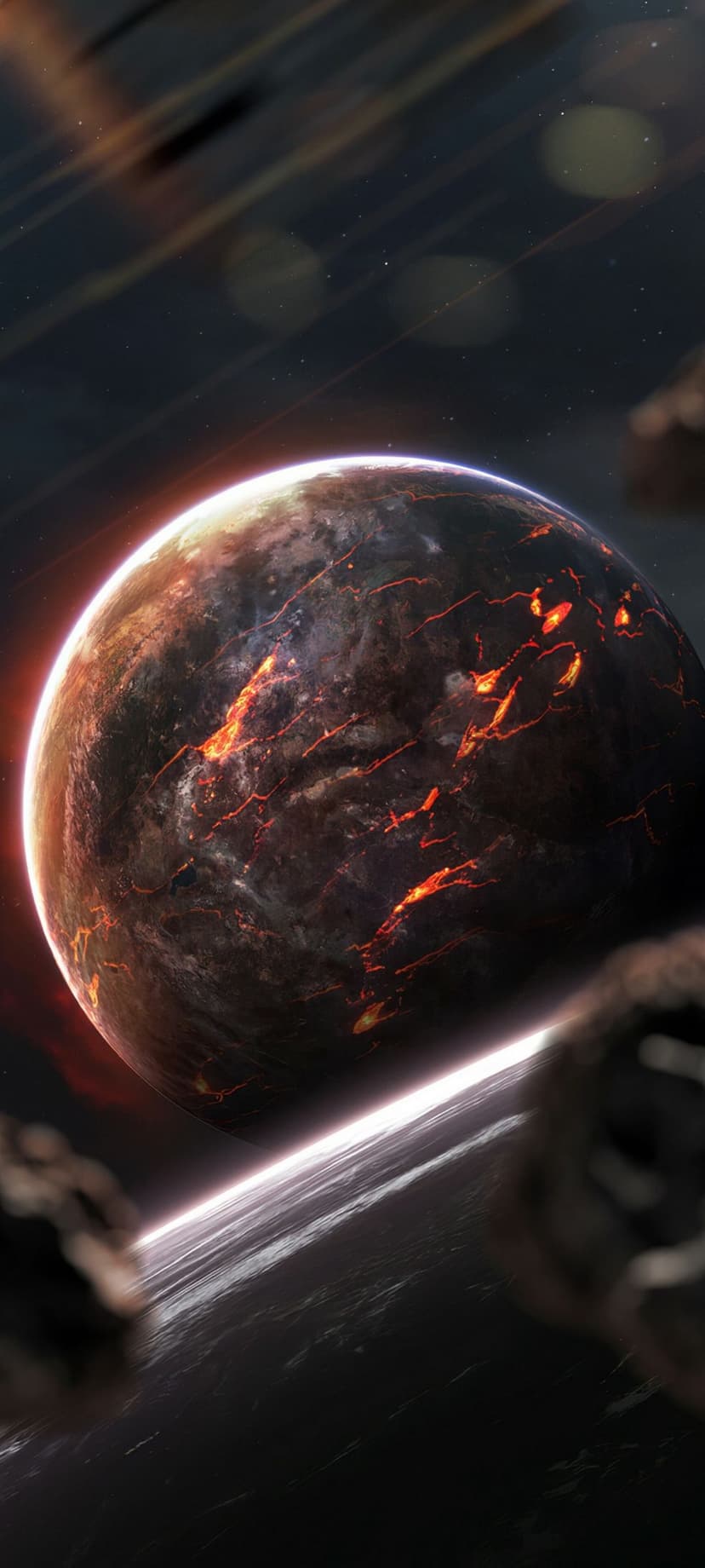 Molten orange lava veins erupting from a dark cracked planet surface surrounded by floating space fragments.