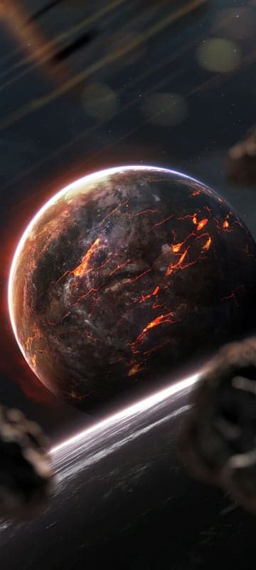 Fiery Planet Surface Cracked with Molten Lava in Space