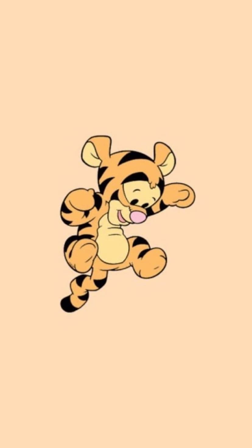 Tigger jumps with a happy expression against a solid peachy-orange background, showing his iconic black stripes.