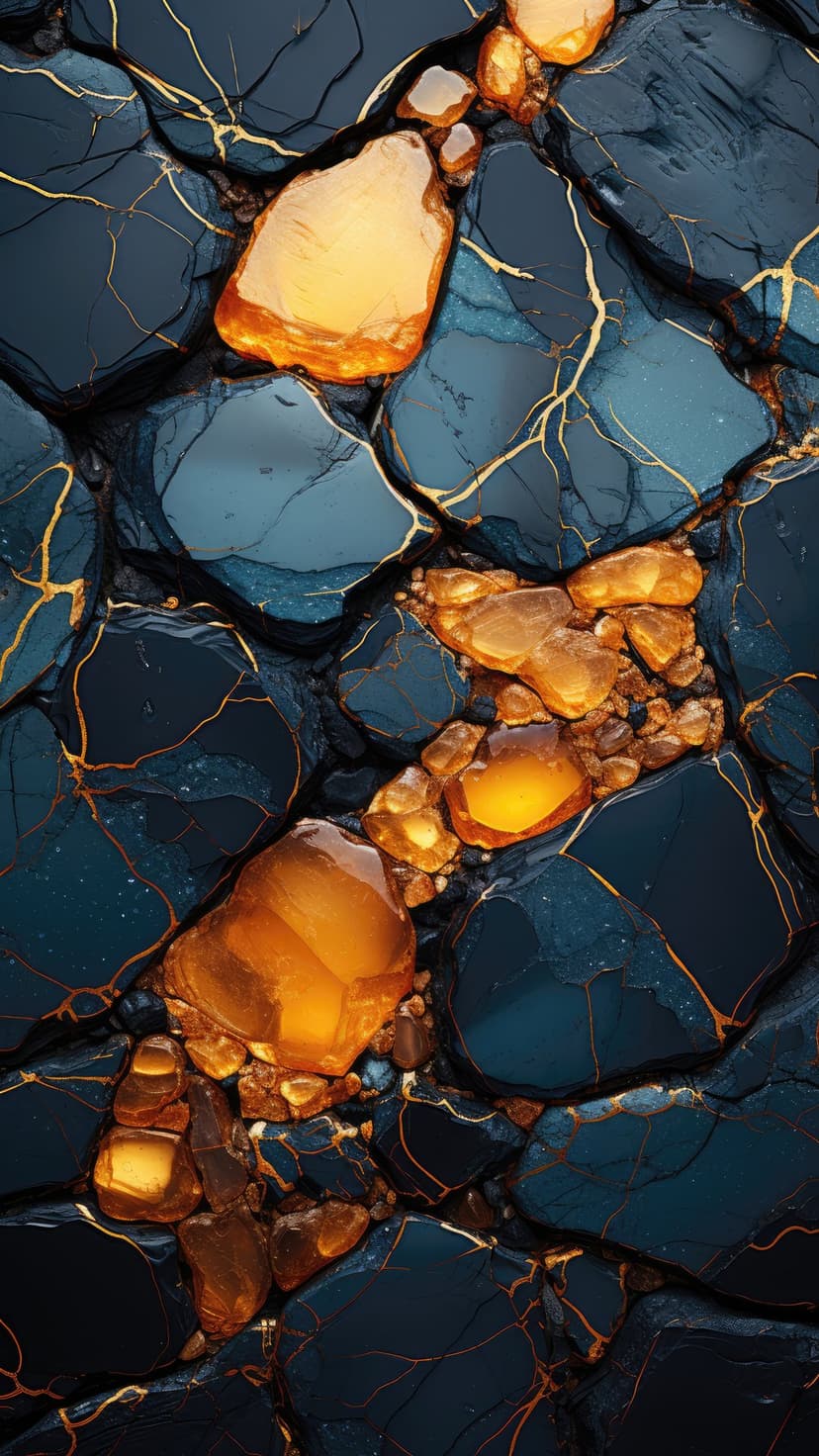 Deep blue jagged rocks with golden veins and glowing amber stones create a textured crystalline mineral surface.
