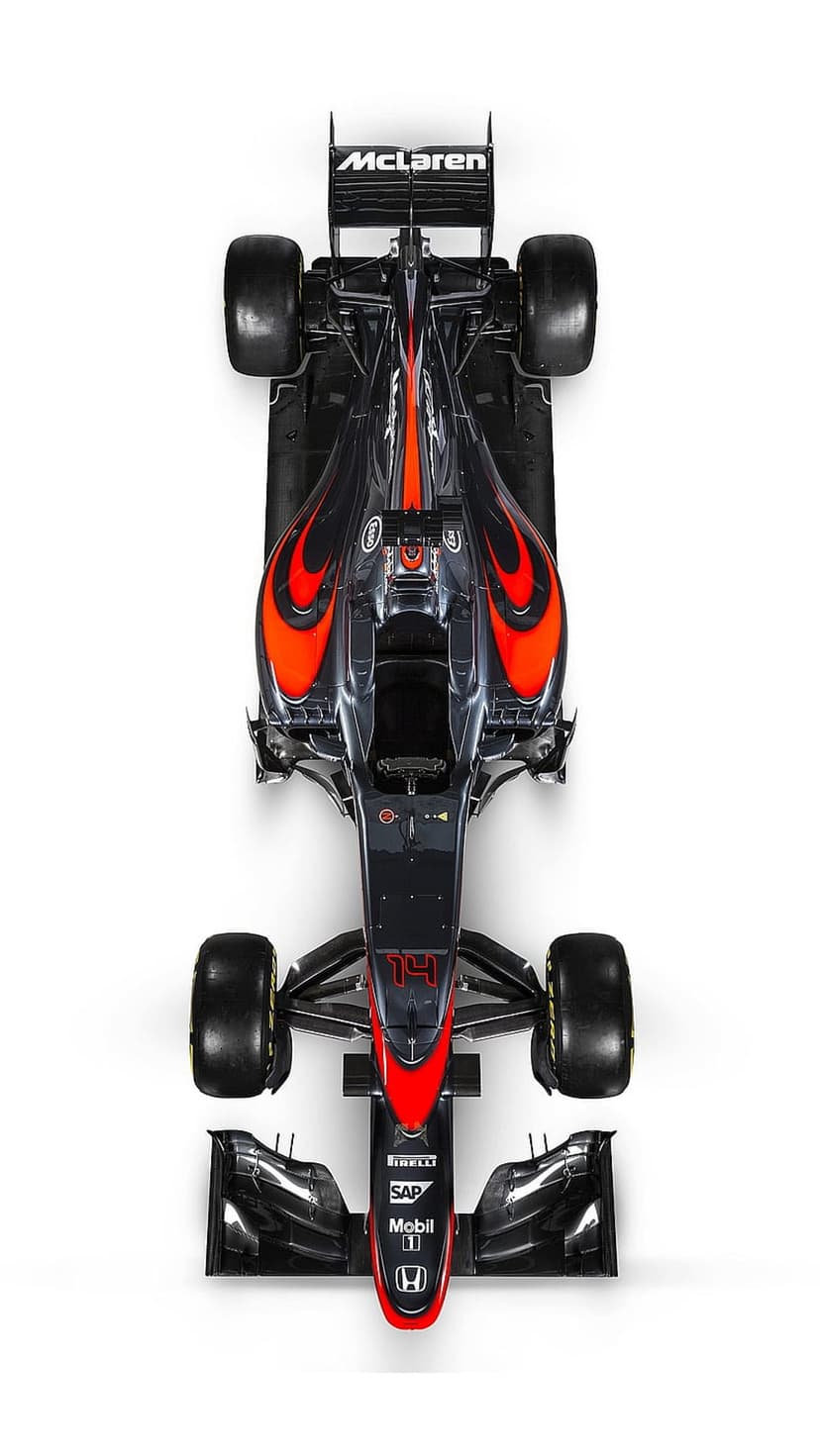 McLaren Formula 1 car viewed from directly above showcasing orange and black livery with aerodynamic bodywork.