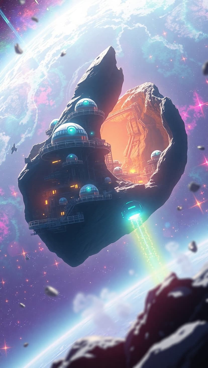 Asteroid colony with glowing domes and a docked spacecraft sits before a vibrant nebula and distant planet.