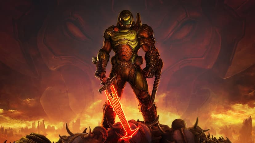 Doom Slayer holding a glowing red energy sword atop a pile of demon corpses in a hellish landscape.