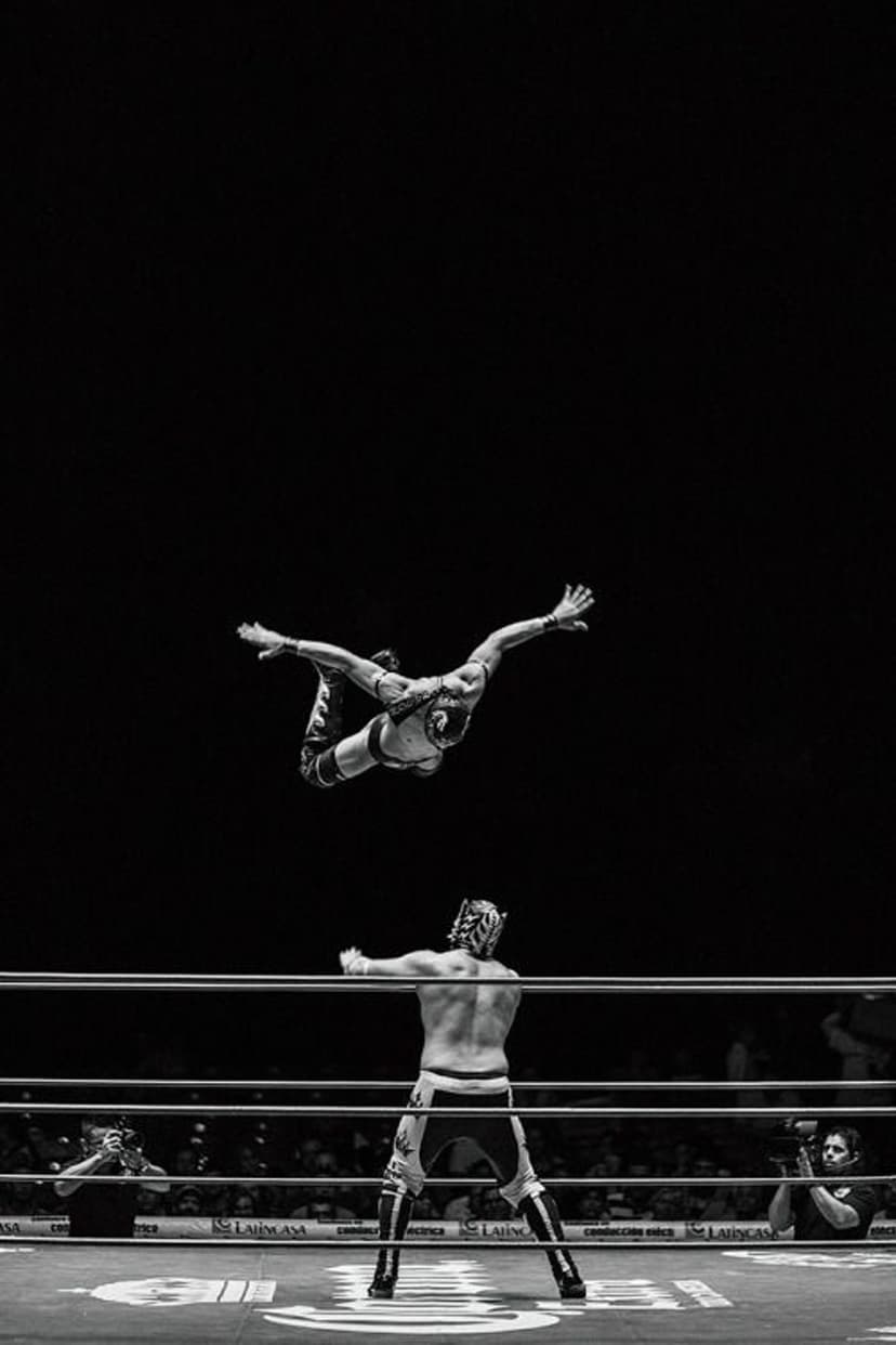 Masked wrestler suspended mid-air above a dark wrestling ring during a high-flying acrobatic maneuver.