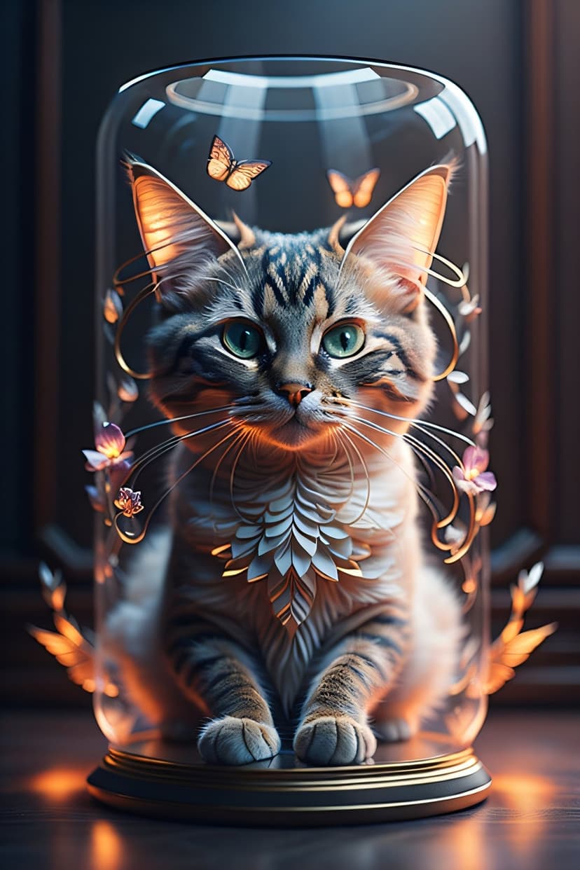 Tabby cat with green eyes sits inside a gold filigree glass dome surrounded by butterflies and pink flowers.
