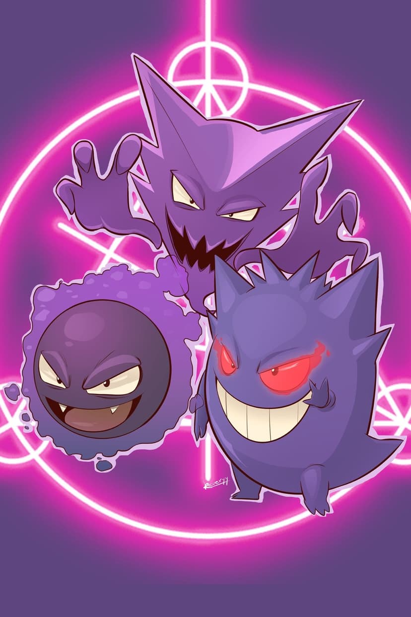 Gastly, Haunter, and Gengar float inside a glowing pink neon circle on a dark purple background.