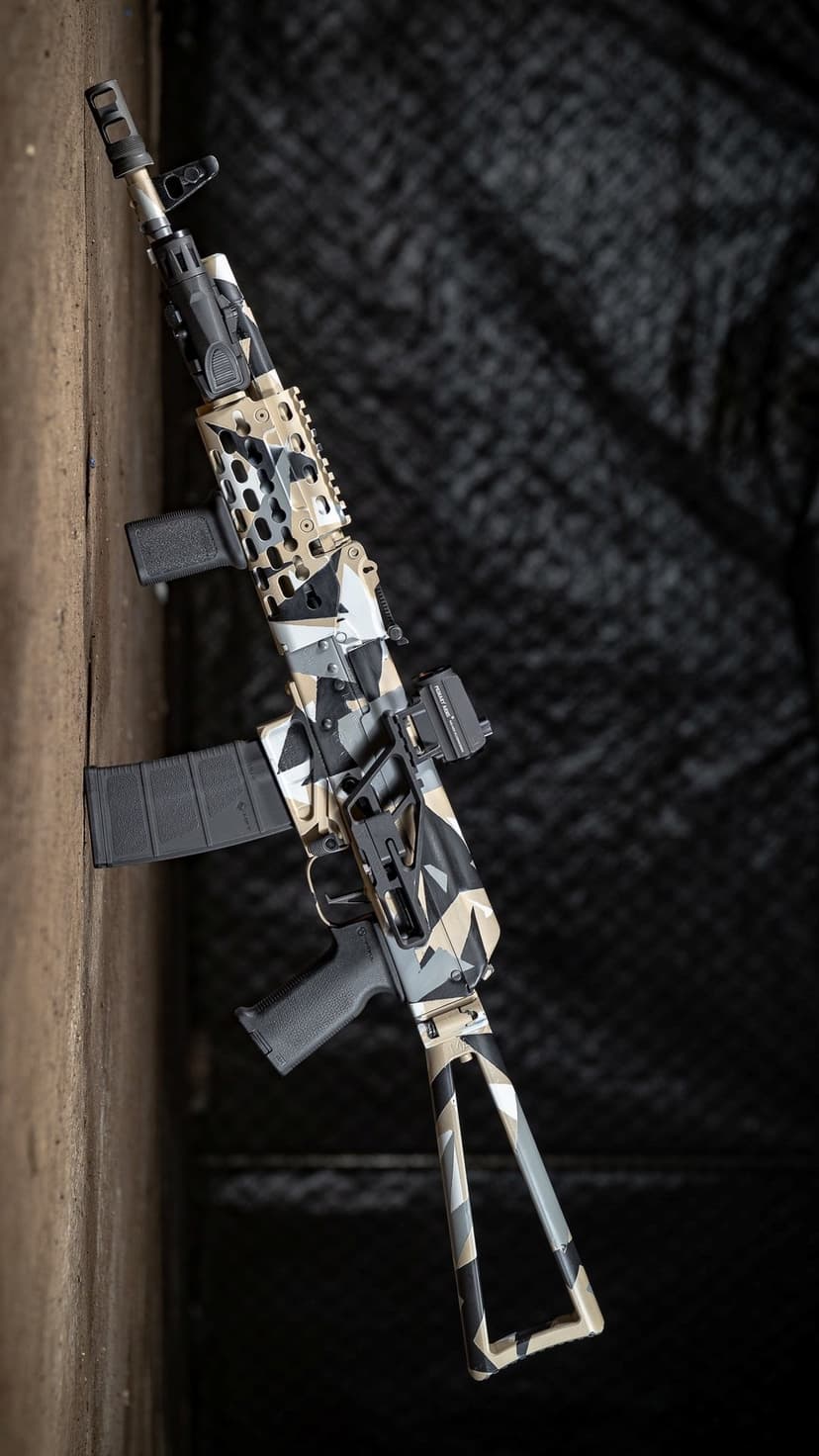 Camouflaged AR-15 rifle with a red dot sight and vertical grip leaning against a weathered wooden surface.