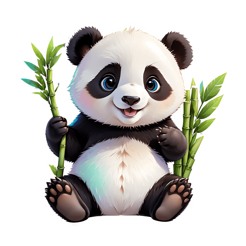 Panda bear sticker illustration holding bamboo with fluffy iridescent fur, blue eyes, and pink cheeks.