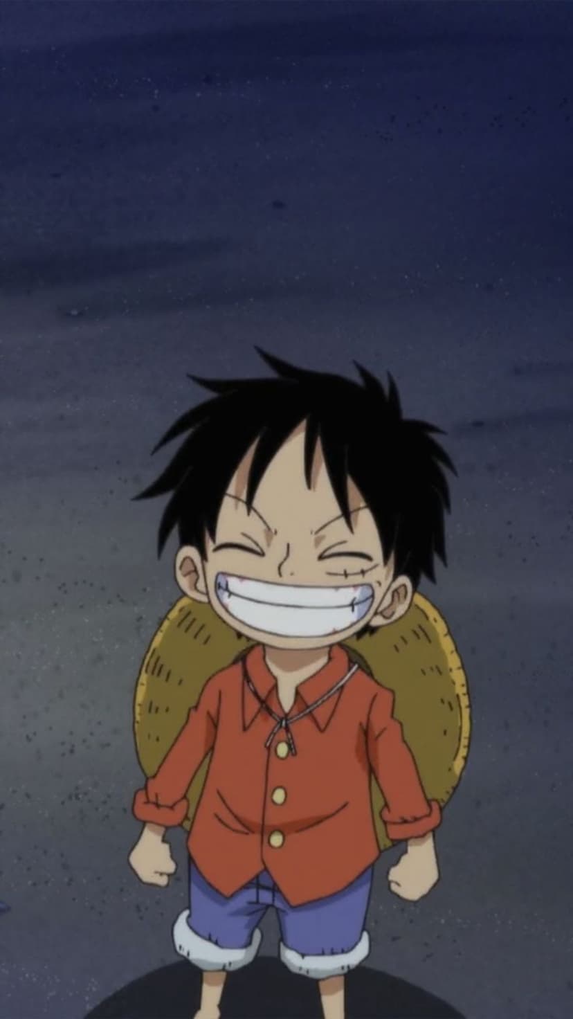 Monkey D. Luffy wearing a straw hat and red vest with a wide joyful smile against a dark textured background.