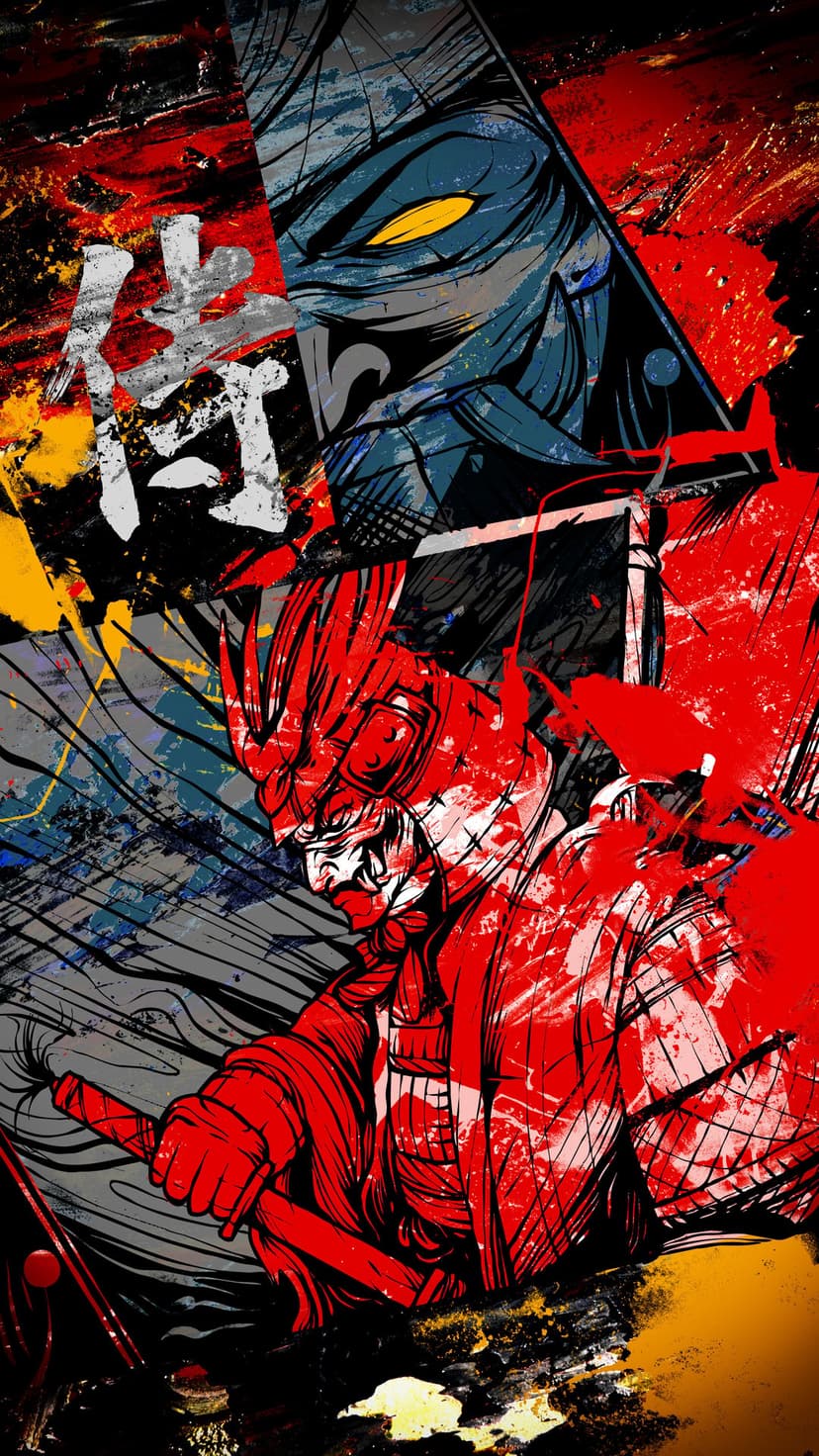 Red armored samurai warrior confronts a menacing demon face with yellow eyes amidst blue and black paint splashes.