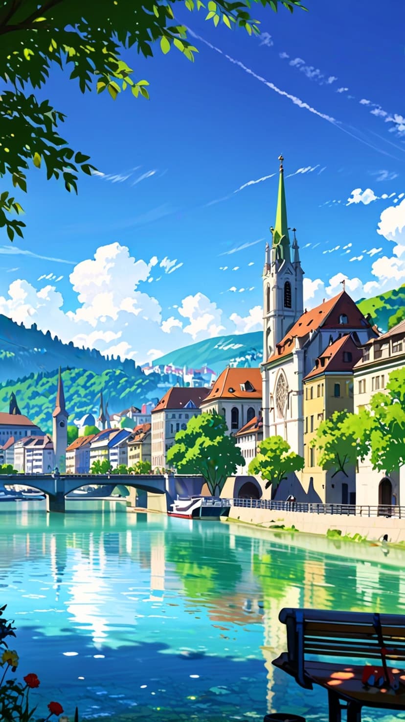 Red-roofed buildings line a calm river with a stone bridge and green mountains under a bright blue sky.