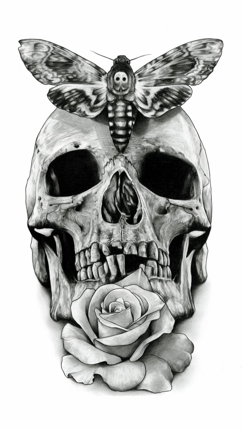 Death's-head hawkmoth perched on a human skull with a blooming rose below in a detailed monochrome ink style.