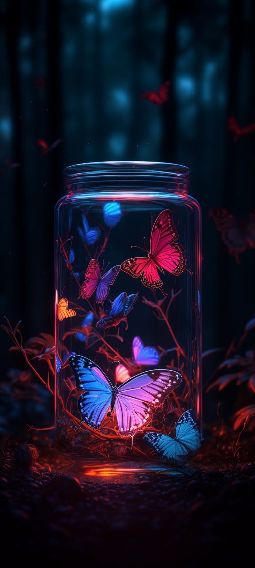 Bioluminescent butterflies in a glass jar cast a colorful glow over forest ferns and moss in the darkness.
