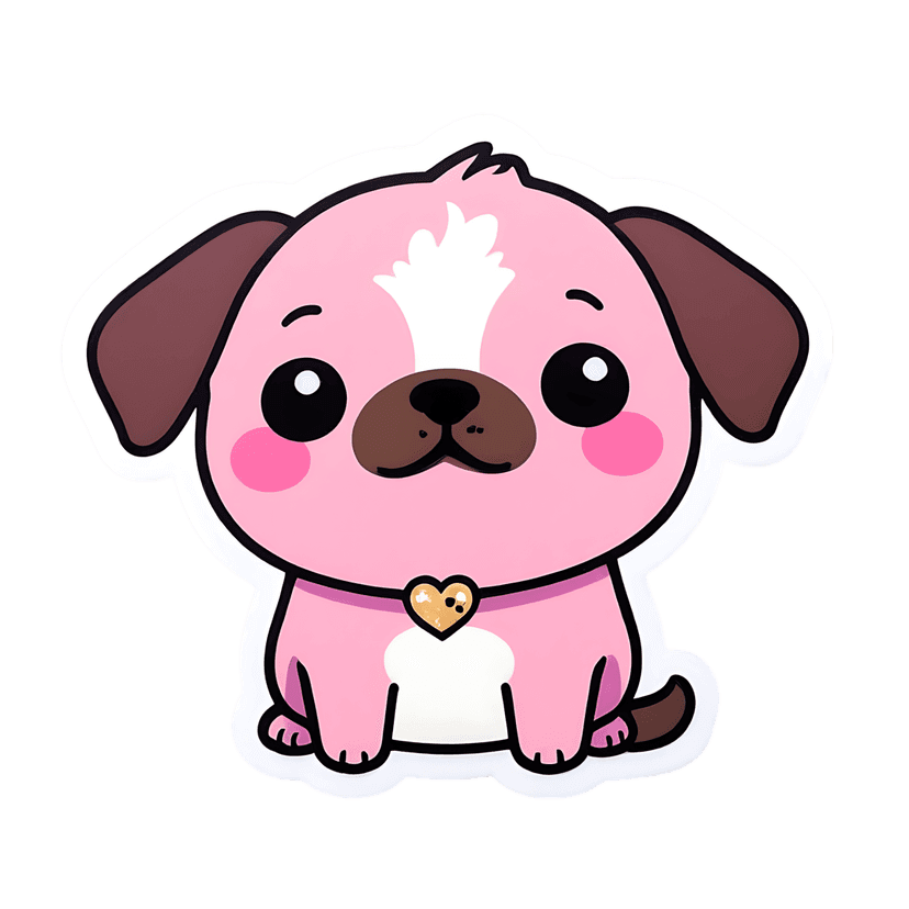 Pink puppy sticker vector featuring a seated dog with brown floppy ears, black collar, and a gold heart tag.