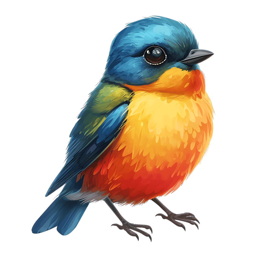 Blue orange songbird perched against a black background featuring detailed fluffy feathers and large dark eyes.