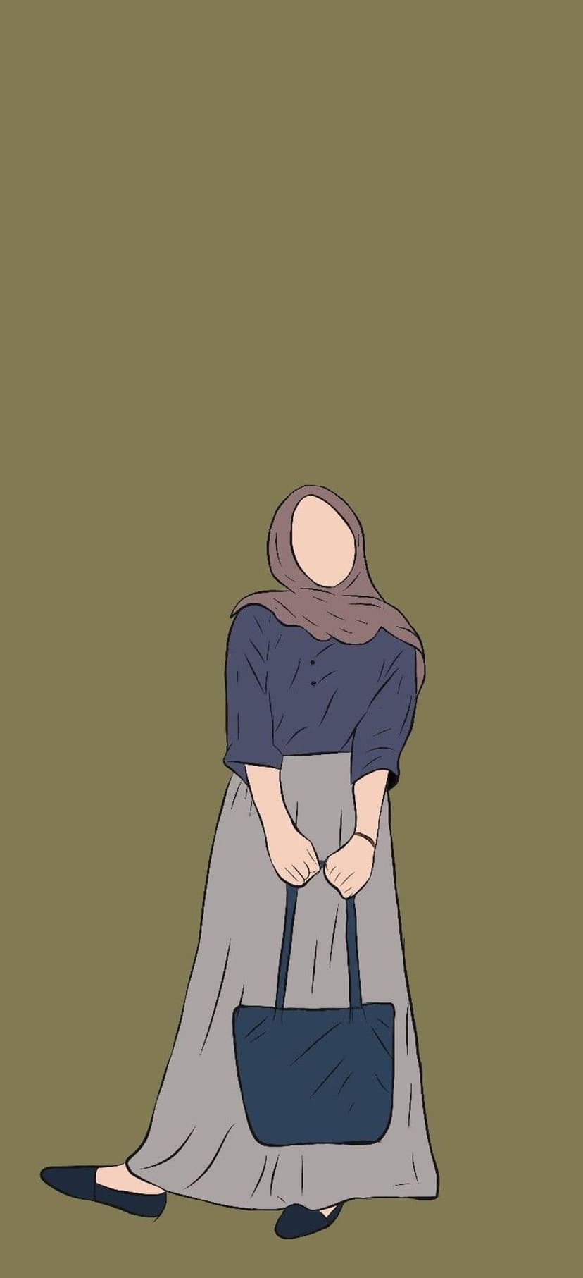 Woman in a gray skirt and hijab holding a dark blue tote bag against a solid olive green background.