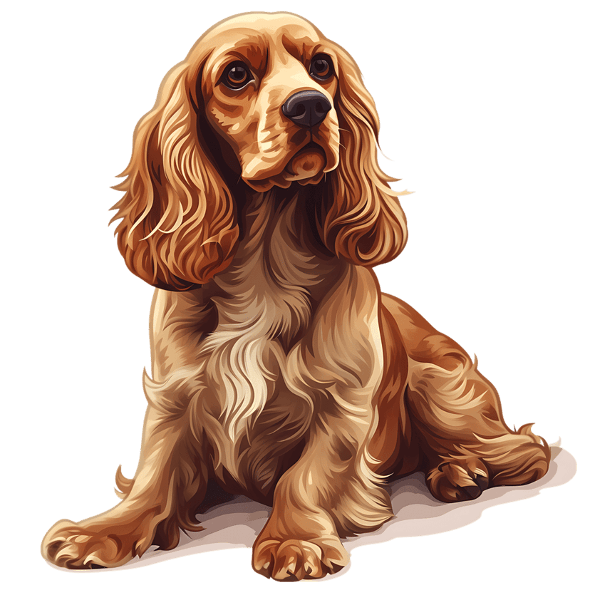 Cocker spaniel dog illustration with long wavy brown ears and fluffy textured fur on a transparent background.