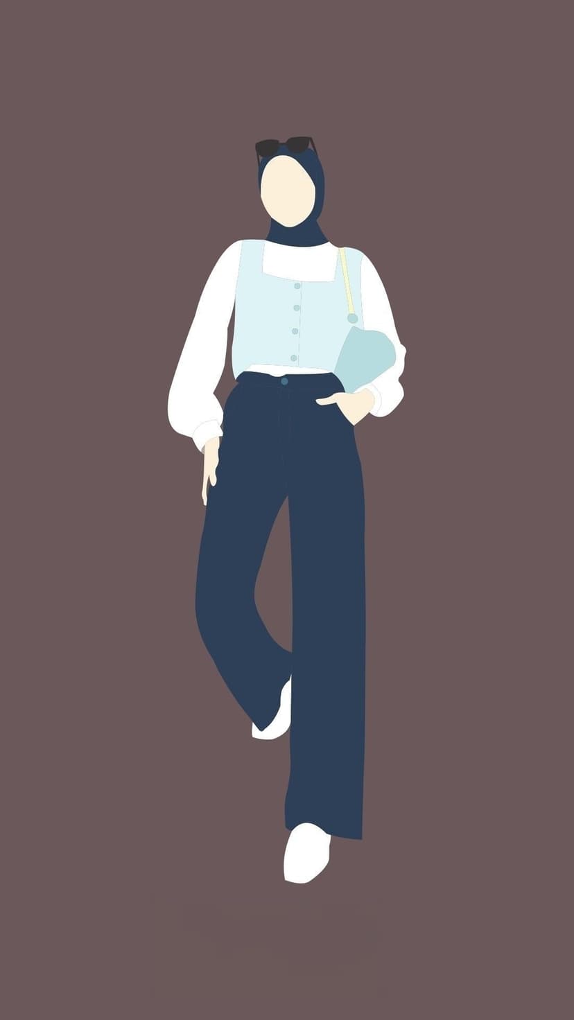 Woman wearing a navy hijab, light blue vest, and wide-leg trousers carries a handbag with white sneakers.
