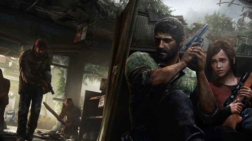 Joel and Ellie hide behind a shelf with weapons while scavengers search a ruined, rainy store interior.