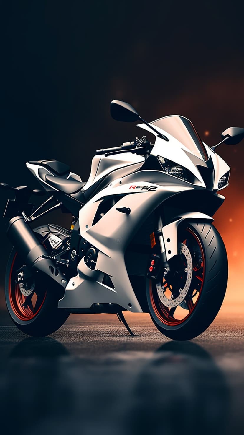 White Yamaha R6 sportbike with glowing orange accents against a dark backdrop in a low-angle portrait view.