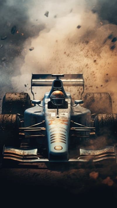Formula 1 Car Racing Through Dust and Debris