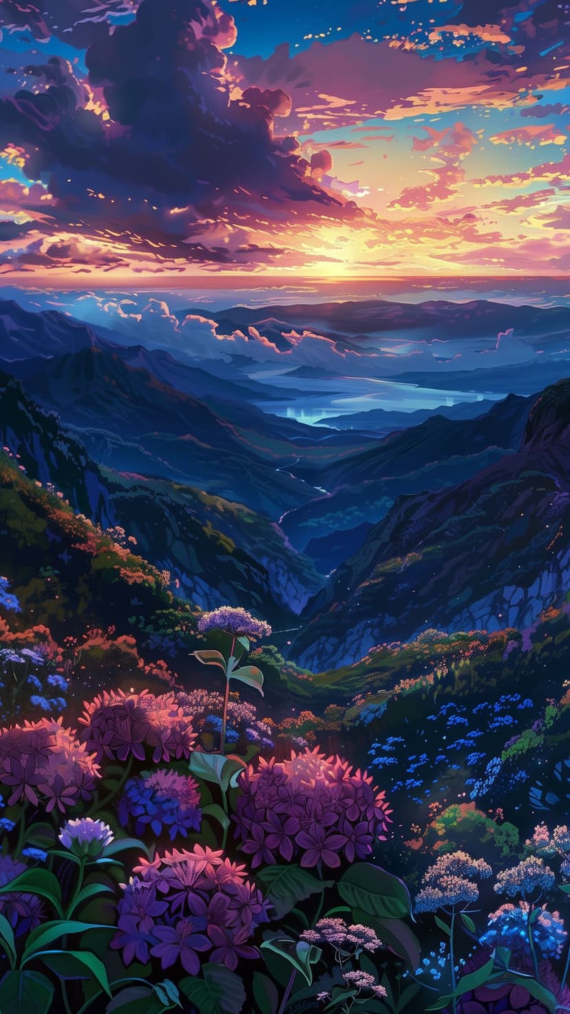Purple hydrangeas bloom in a mountain valley under a sunset sky filled with swirling orange and violet clouds.