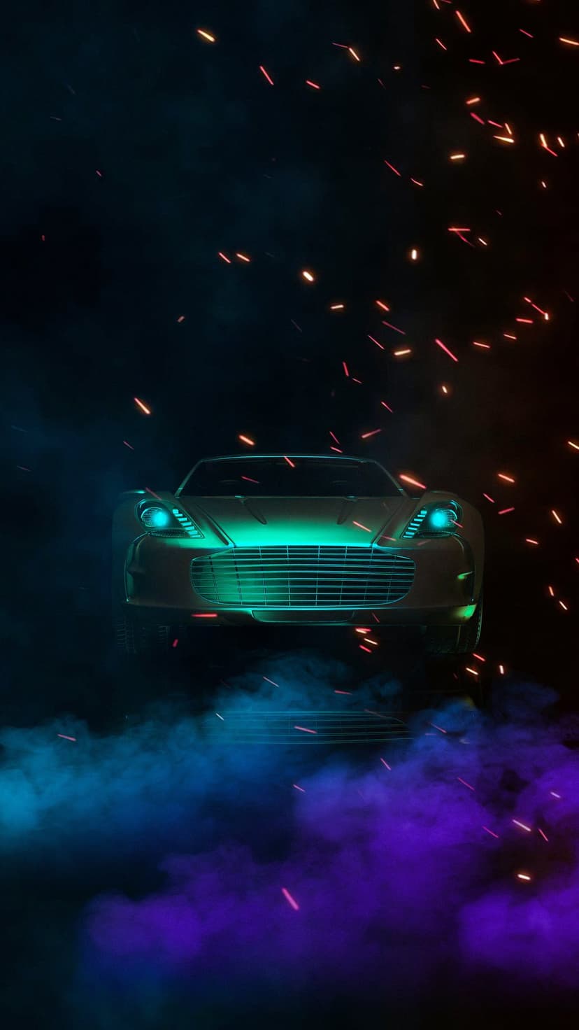Sleek supercar with teal neon lights and rising orange sparks against a misty blue and purple backdrop.