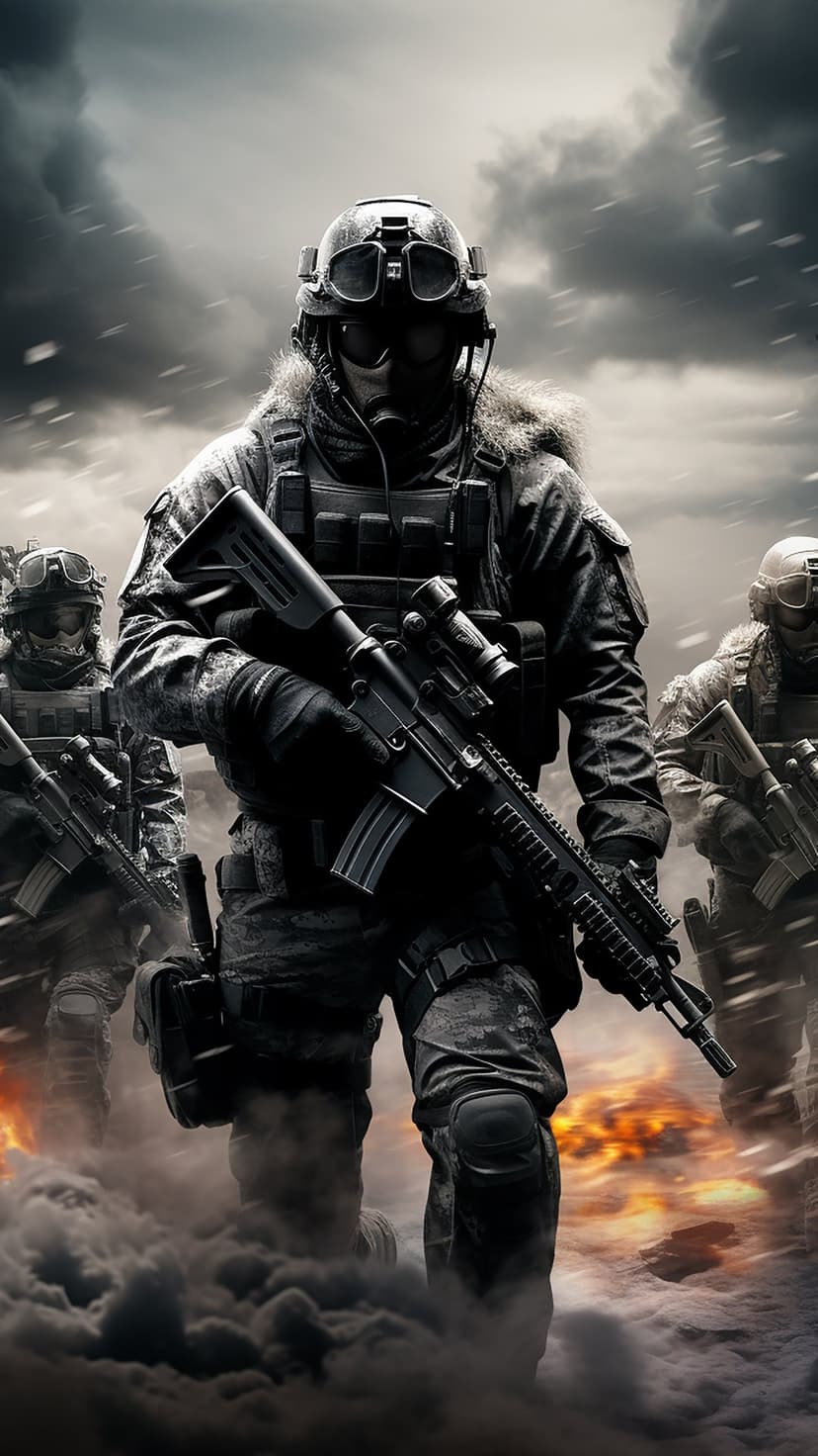Soldiers in gas masks hold assault rifles while advancing through a dark, smoky battlefield with orange embers.