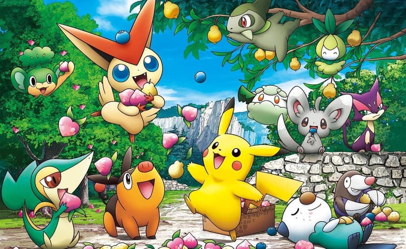 Pikachu, Victini, and Pokemon friends gather in a sunny forest clearing with fruit and mountain views.