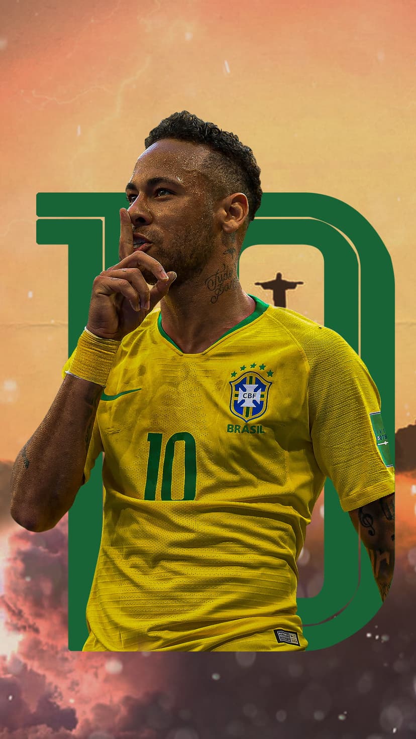 Neymar Jr performs a shushing gesture in a yellow Brazil jersey with a green Christ the Redeemer silhouette.