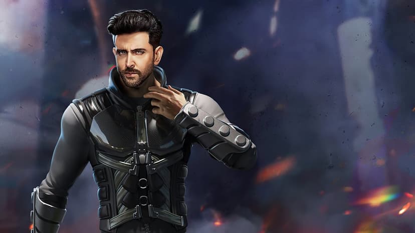 Hrithik Roshan in futuristic black tactical armor against a smoky background with orange and blue sparks.
