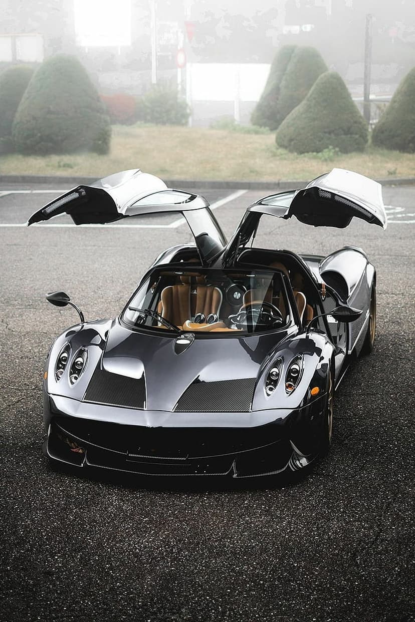 Pagani Huayra with open dihedral doors and a tan leather interior parked on asphalt during a foggy morning.