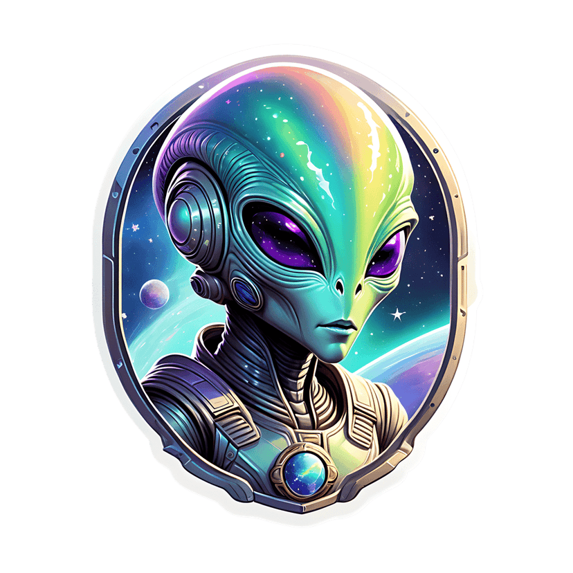 Green extraterrestrial humanoid wearing metallic armor with a galaxy chest emblem against a star-filled background.