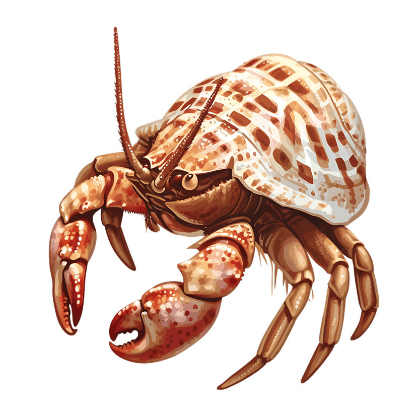 Hermit crab with orange claws peeking from a spiral seashell. Detailed legs show realistic chitinous textures.