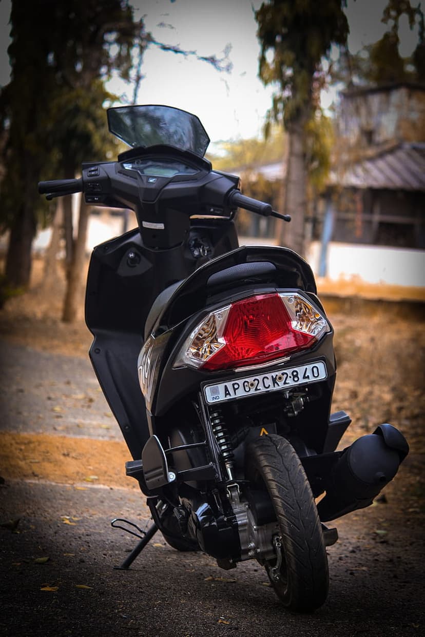 Black scooter rear view with a red taillight and license plate framed by green trees and a rustic building.