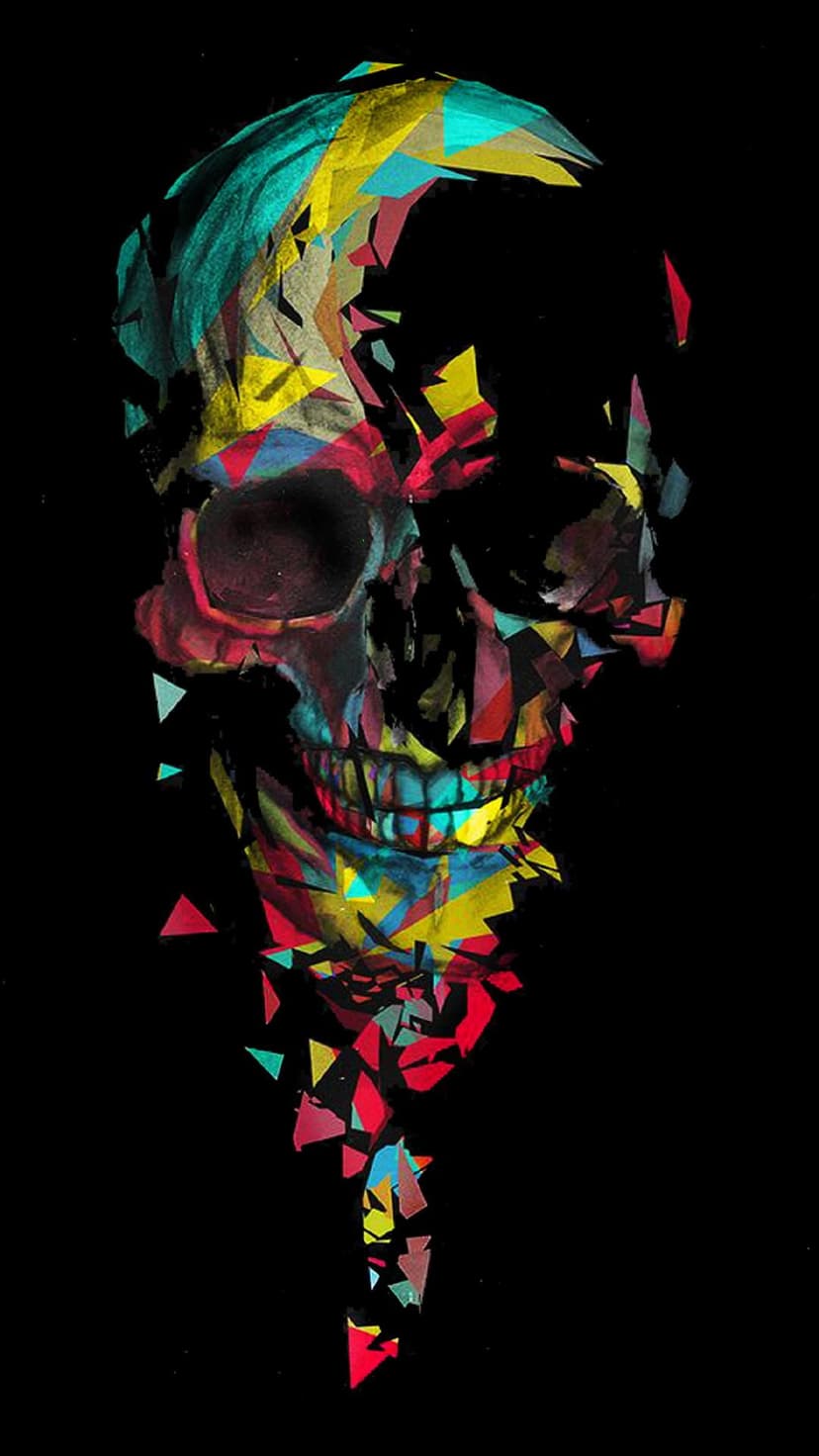 Human skull composed of colorful triangular shards and geometric polygons against a solid black backdrop.
