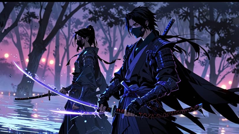 Two masked ninjas hold glowing purple katanas while standing in shallow water within a dark forest at night.
