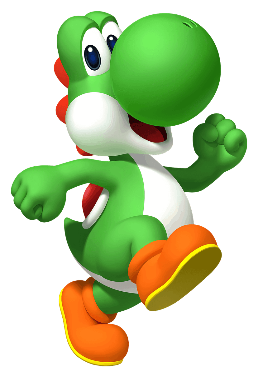 Green dinosaur character stands in profile wearing orange shoes and a red saddle against a transparent background.