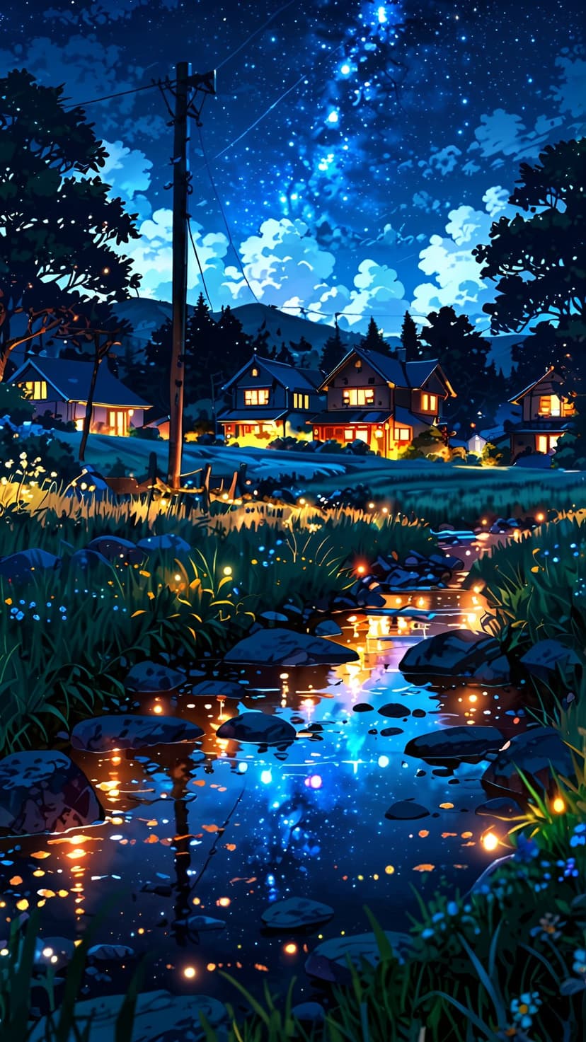 Quaint cottages beside a pebble-filled stream glow under a massive Milky Way galaxy and starry night sky.