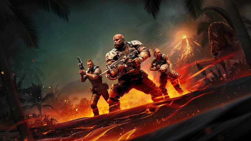 Armored soldiers hold sci-fi weapons amidst flowing lava and tropical palm trees under a dark volcanic sky.