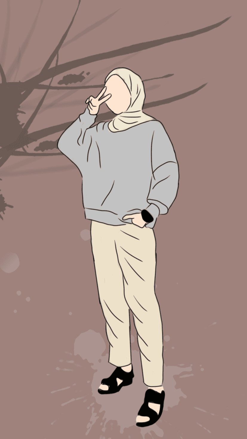 Woman in a beige hijab and gray sweatshirt makes a peace sign against a textured brown wall with branch shadows.