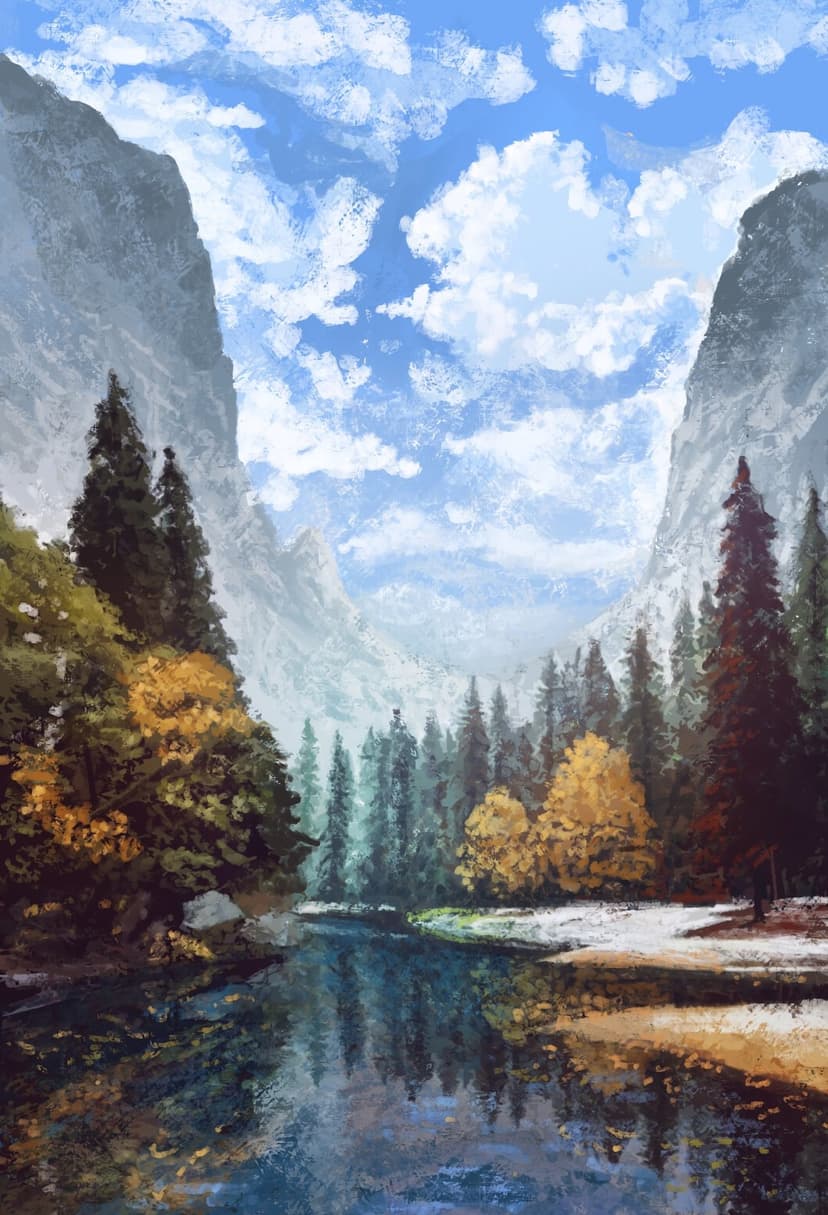 Snow-dusted mountains and vibrant autumn trees reflect in a still river under a bright blue cloudy sky.
