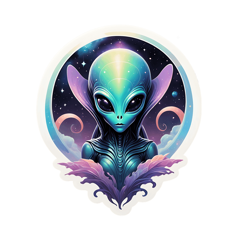 Teal alien character with purple glowing accents inside a white circular border against a starry nebula.