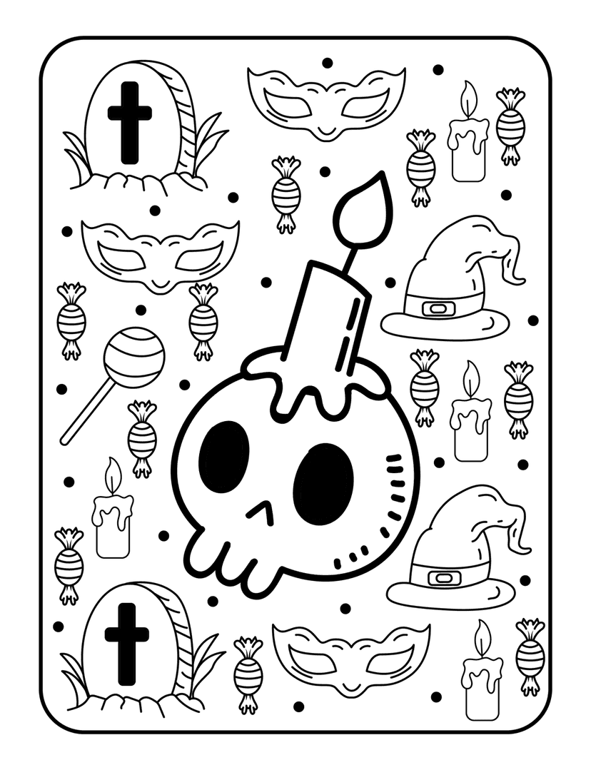 Halloween coloring page featuring a skull candle, tombstones, masks, and candy in clean black line art.